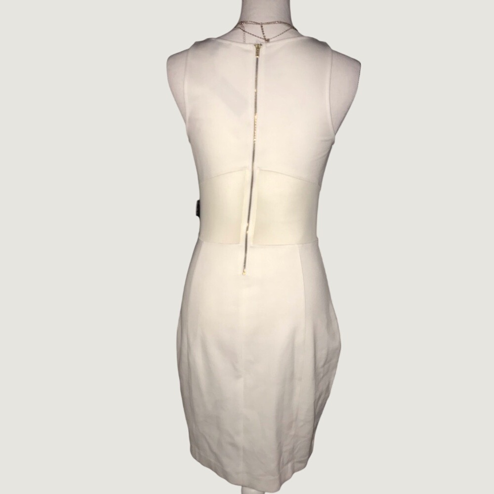 Express Classic White Bodycon Sleepless Sheath Dress with Mesh Accent & Back Zip - Picture 9 of 13